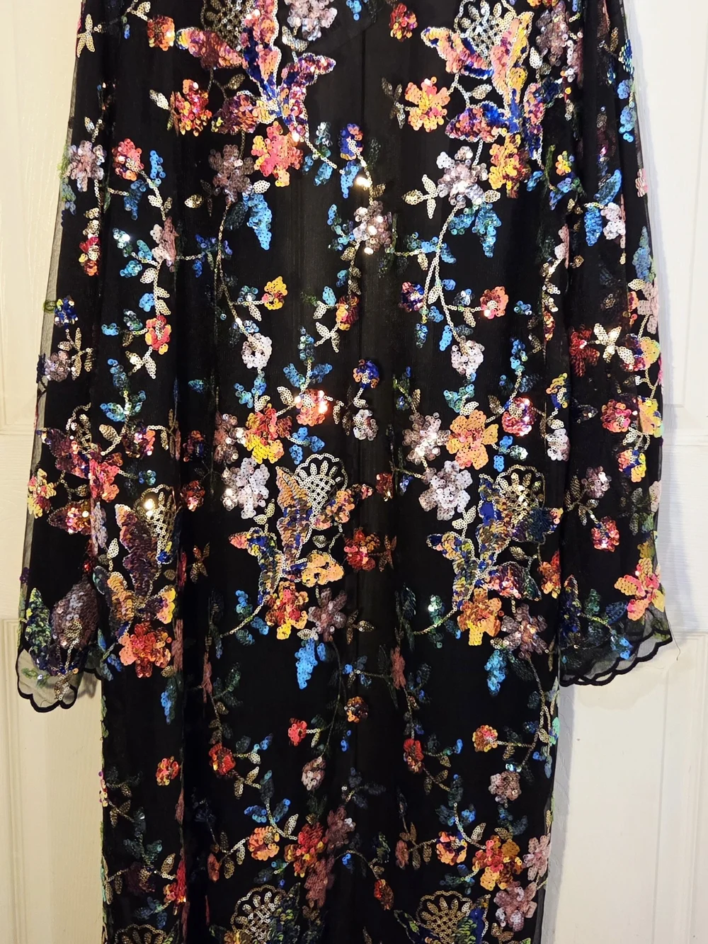 Embroidered Floral Sequin Kimono Robe - Black Multicolor